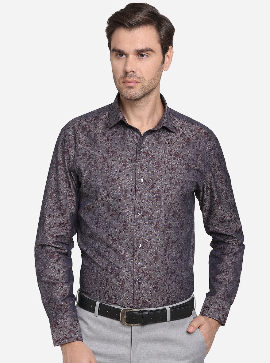 Coffee Brown Printed Slim Fit Formal Shirt  | Metal