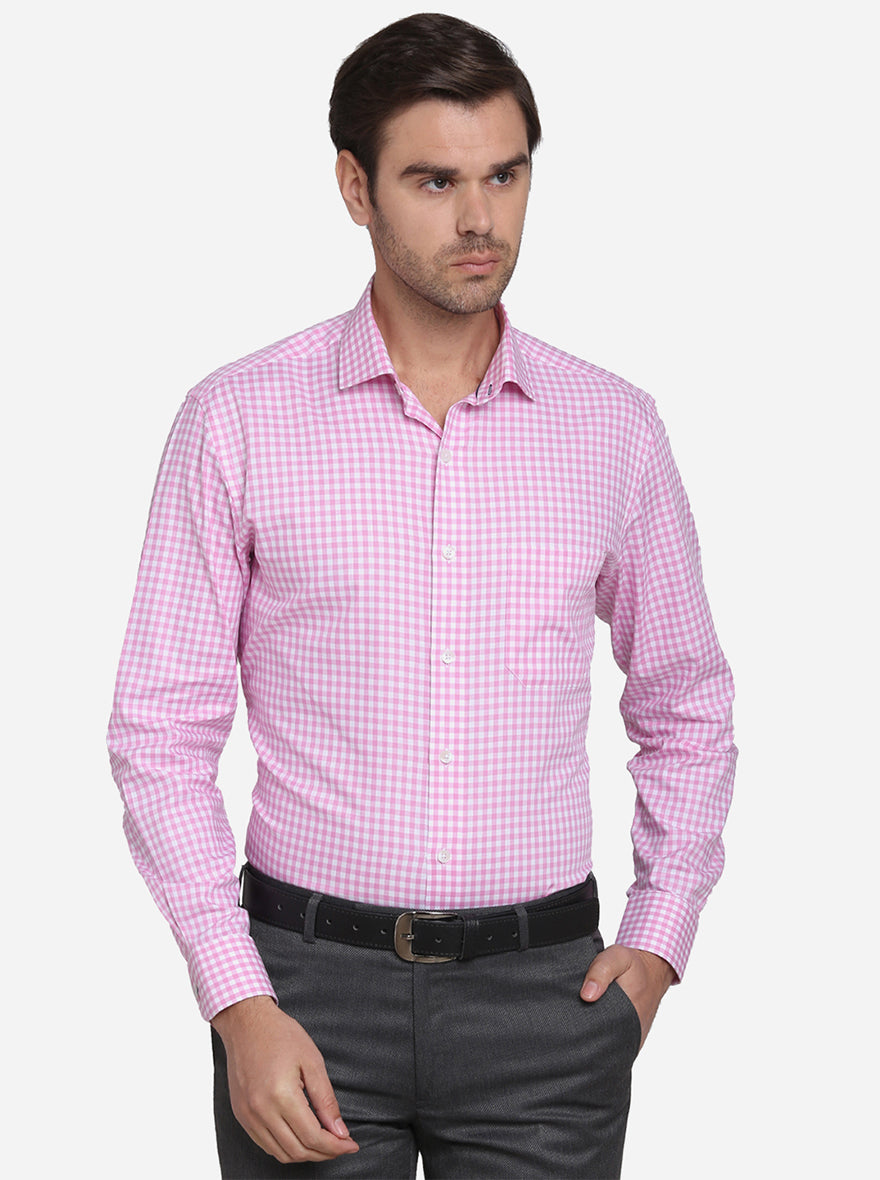 Pink & White Checked Slim Fit Formal Shirt | Metal