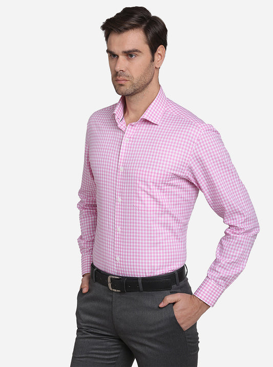 Pink & White Checked Slim Fit Formal Shirt | Metal