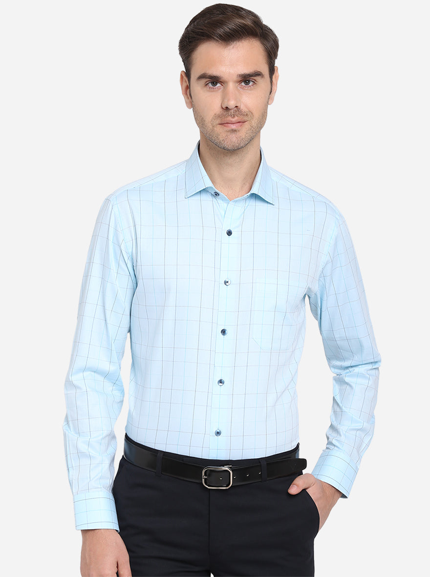 Mint Blue Checked Slim Fit Formal Shirt | Metal