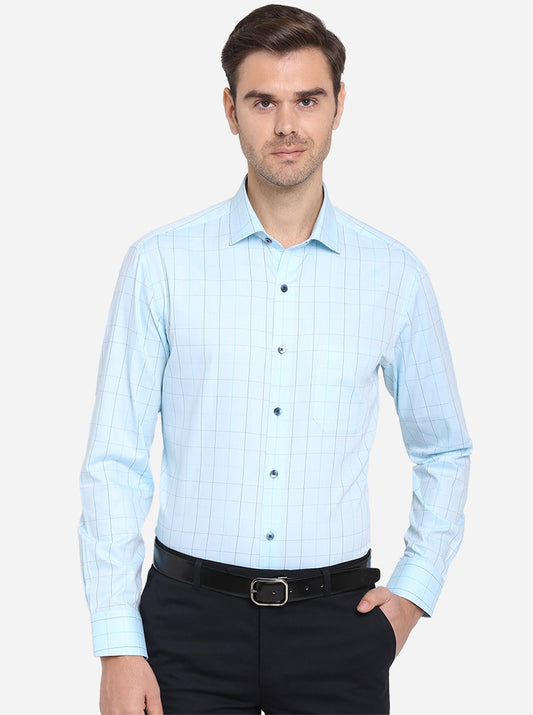 Mint Blue Checked Slim Fit Formal Shirt | Metal