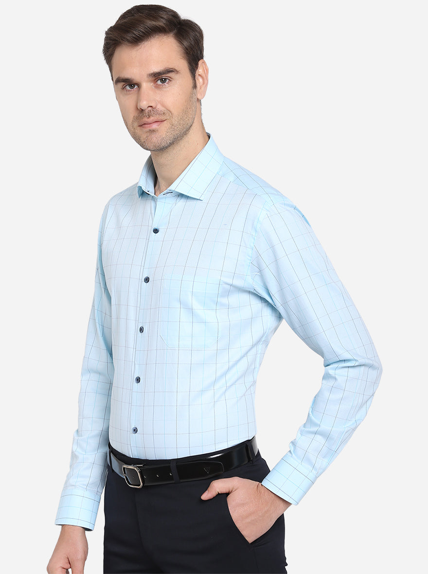 Mint Blue Checked Slim Fit Formal Shirt | Metal