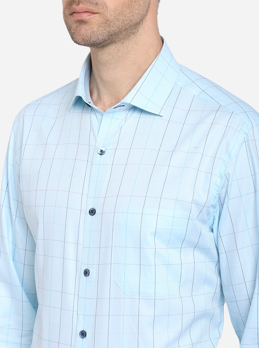 Mint Blue Checked Slim Fit Formal Shirt | Metal