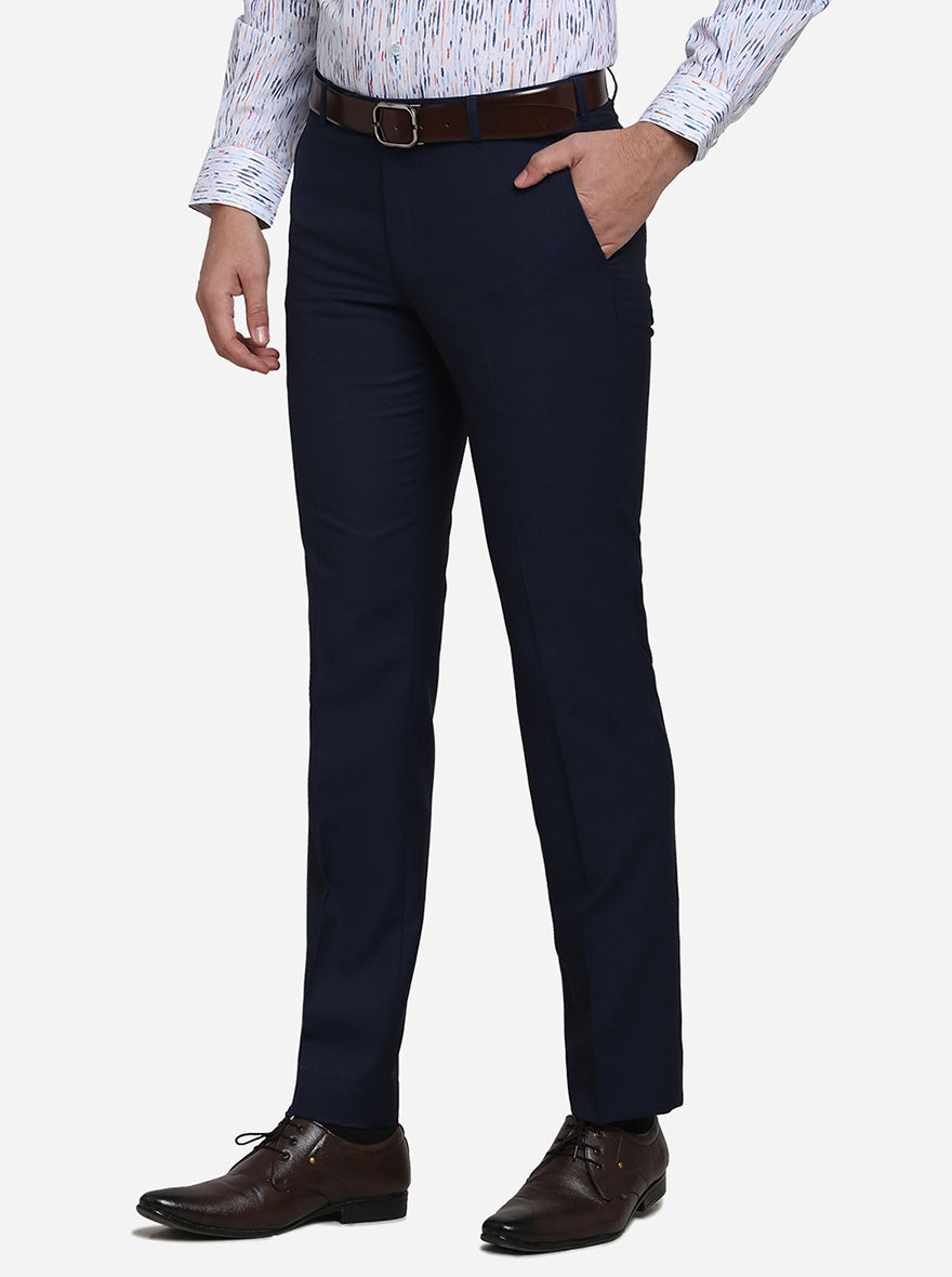 Navy Blue Solid Slim Fit Formal Trouser | Metal