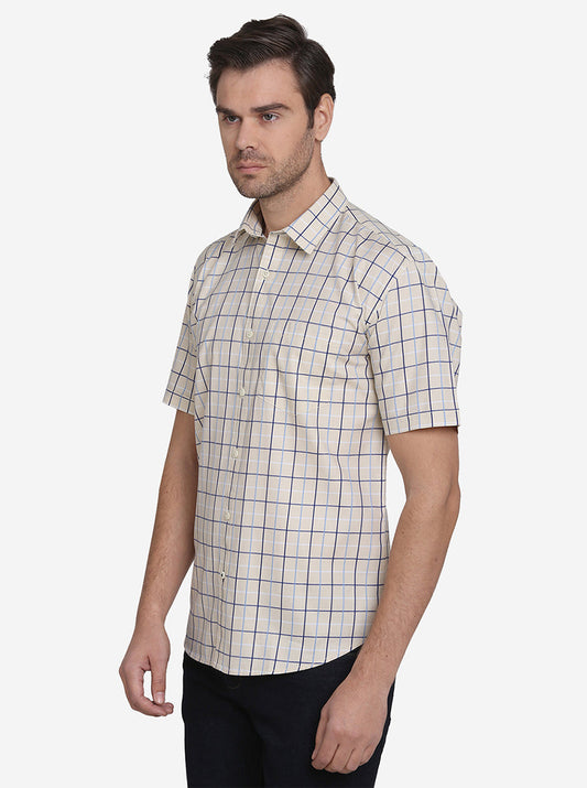 Cream & Blue Checked Regular Fit Casual Shirt  | Greenfibre