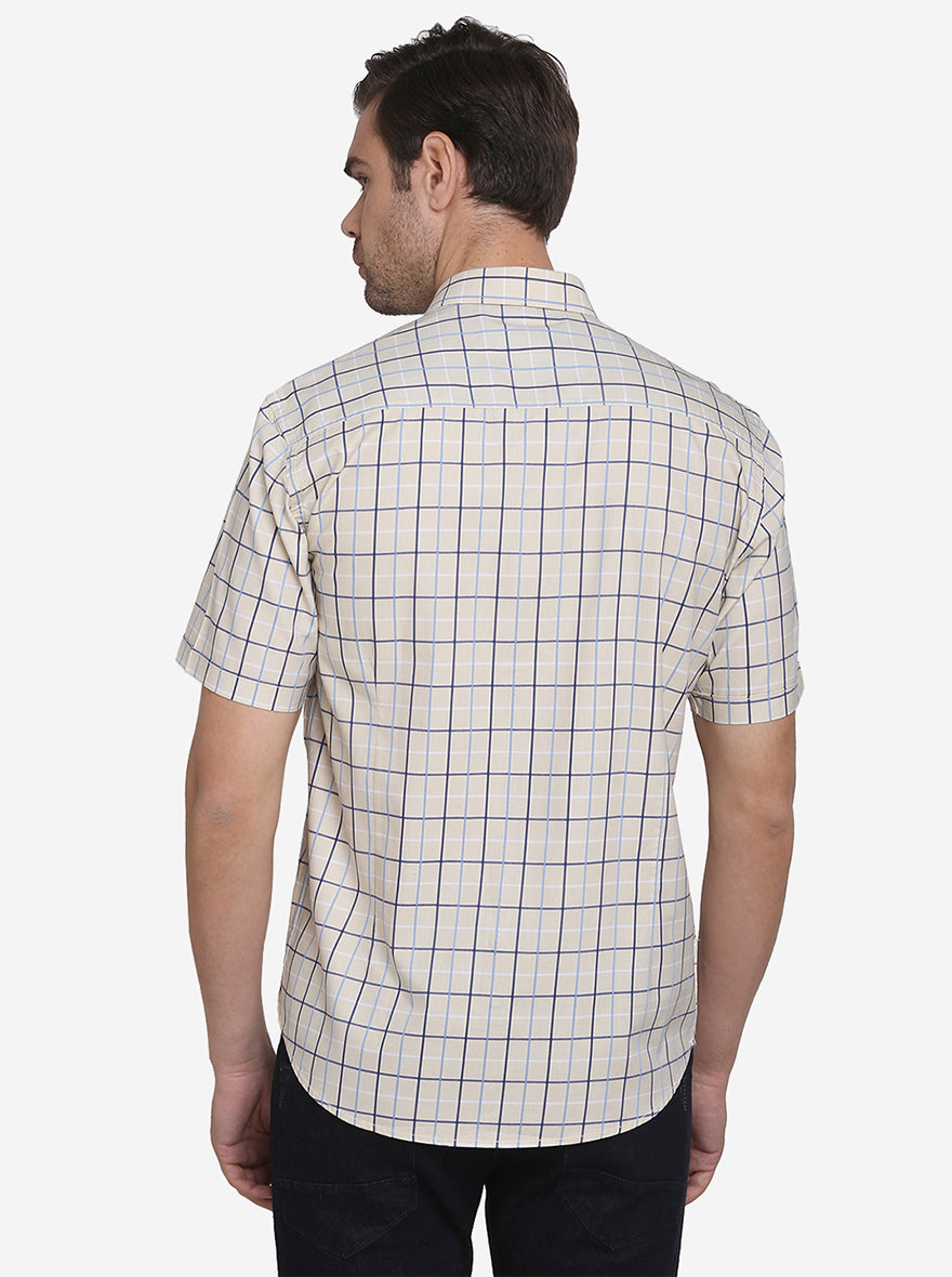 Cream & Blue Checked Regular Fit Casual Shirt  | Greenfibre