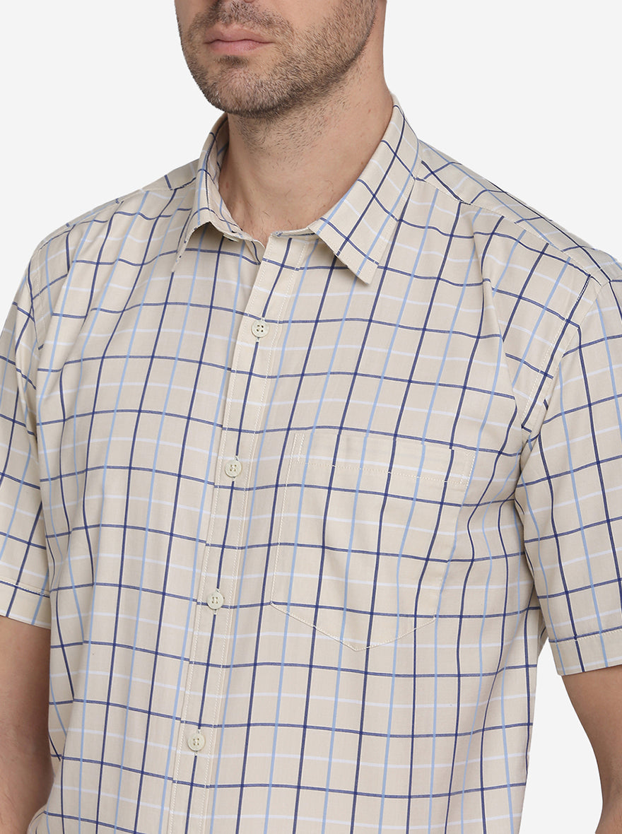 Cream & Blue Checked Regular Fit Casual Shirt  | Greenfibre