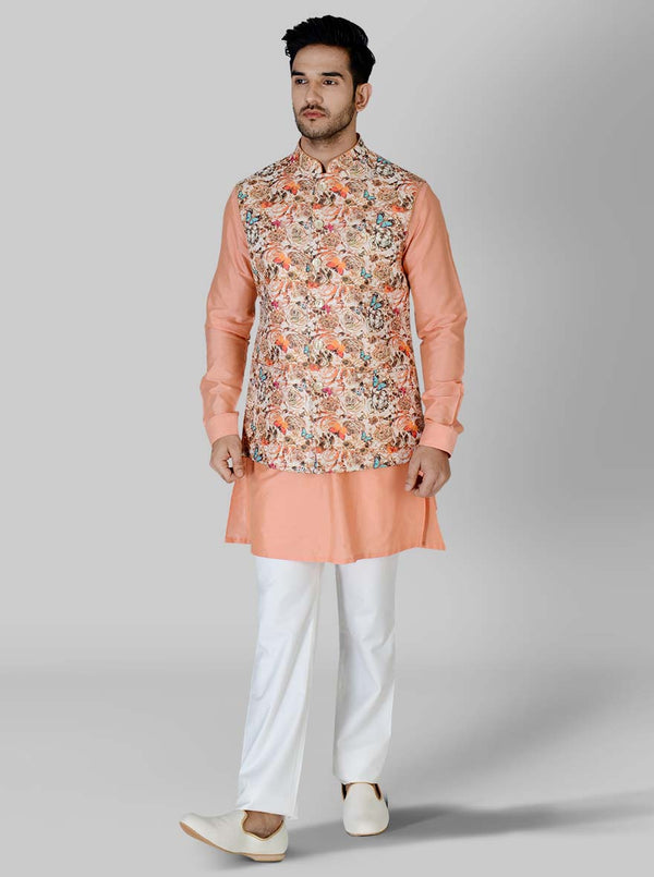 Peach Kurta Set with Multi Coloured Koti | Azania