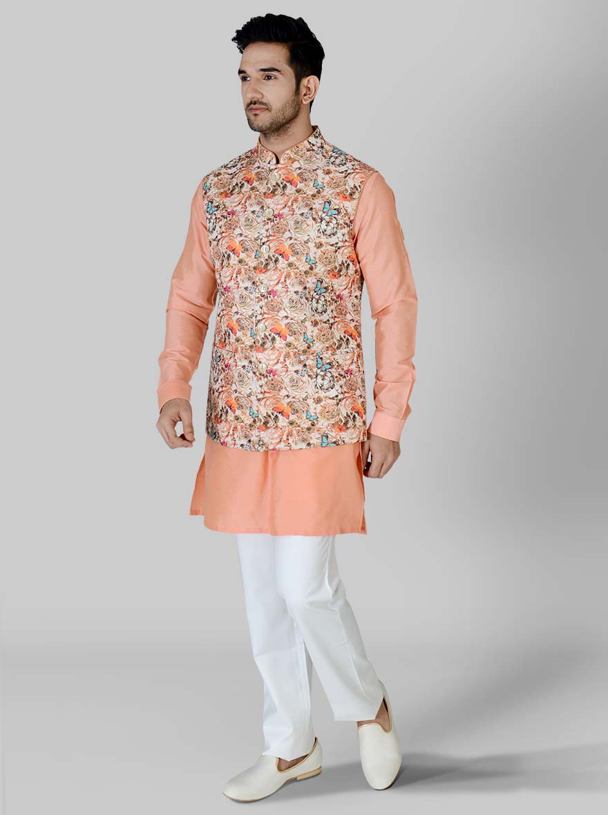 Peach Kurta Set with Multi Coloured Koti | Azania