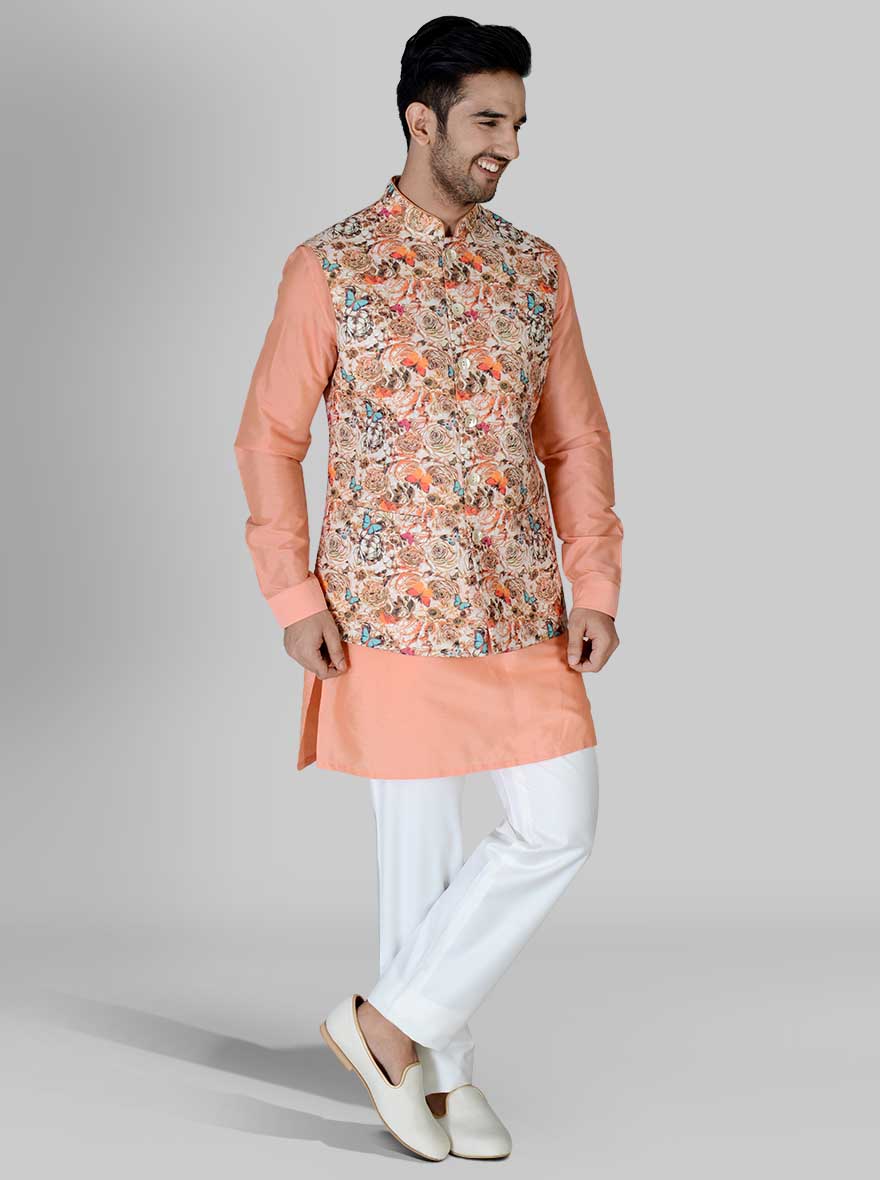 Peach Kurta Set with Multi Coloured Koti | Azania