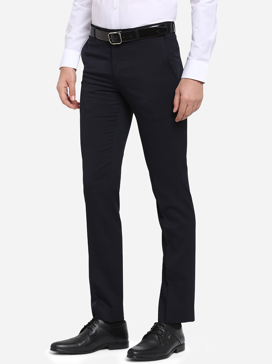 Dark Blue Solid Slim Fit Formal Trouser | Metal