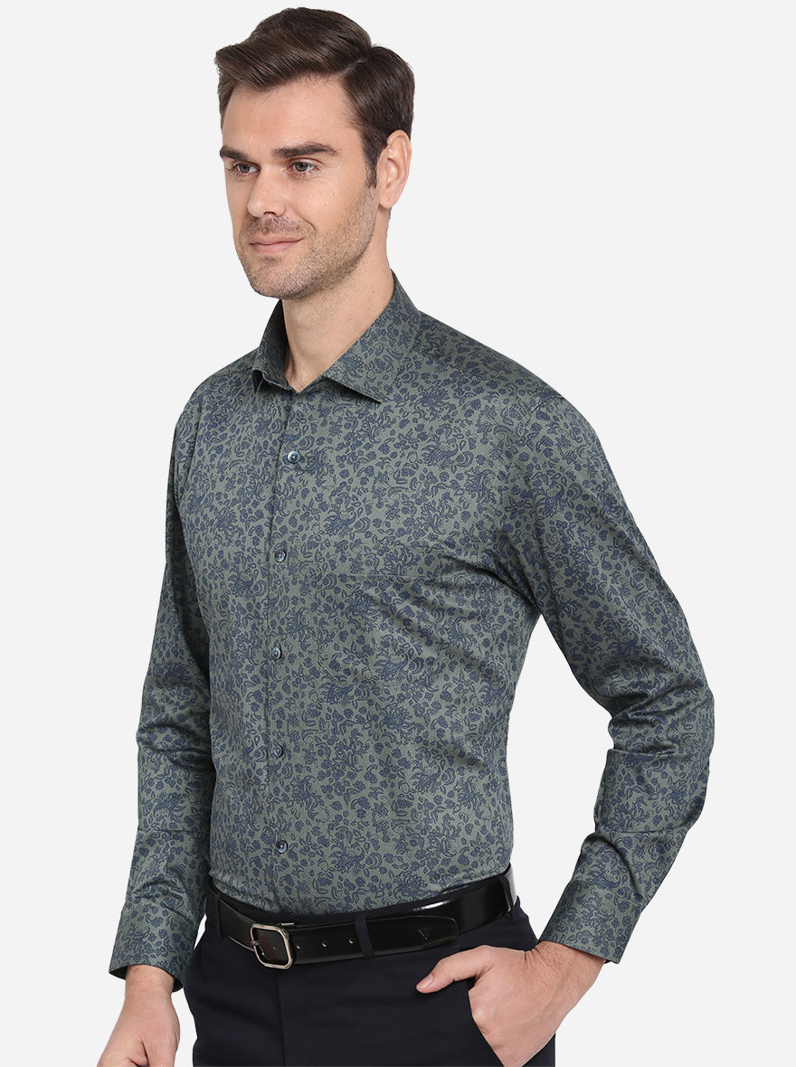 Green & Blue Printed Slim Fit Formal Shirt | Metal