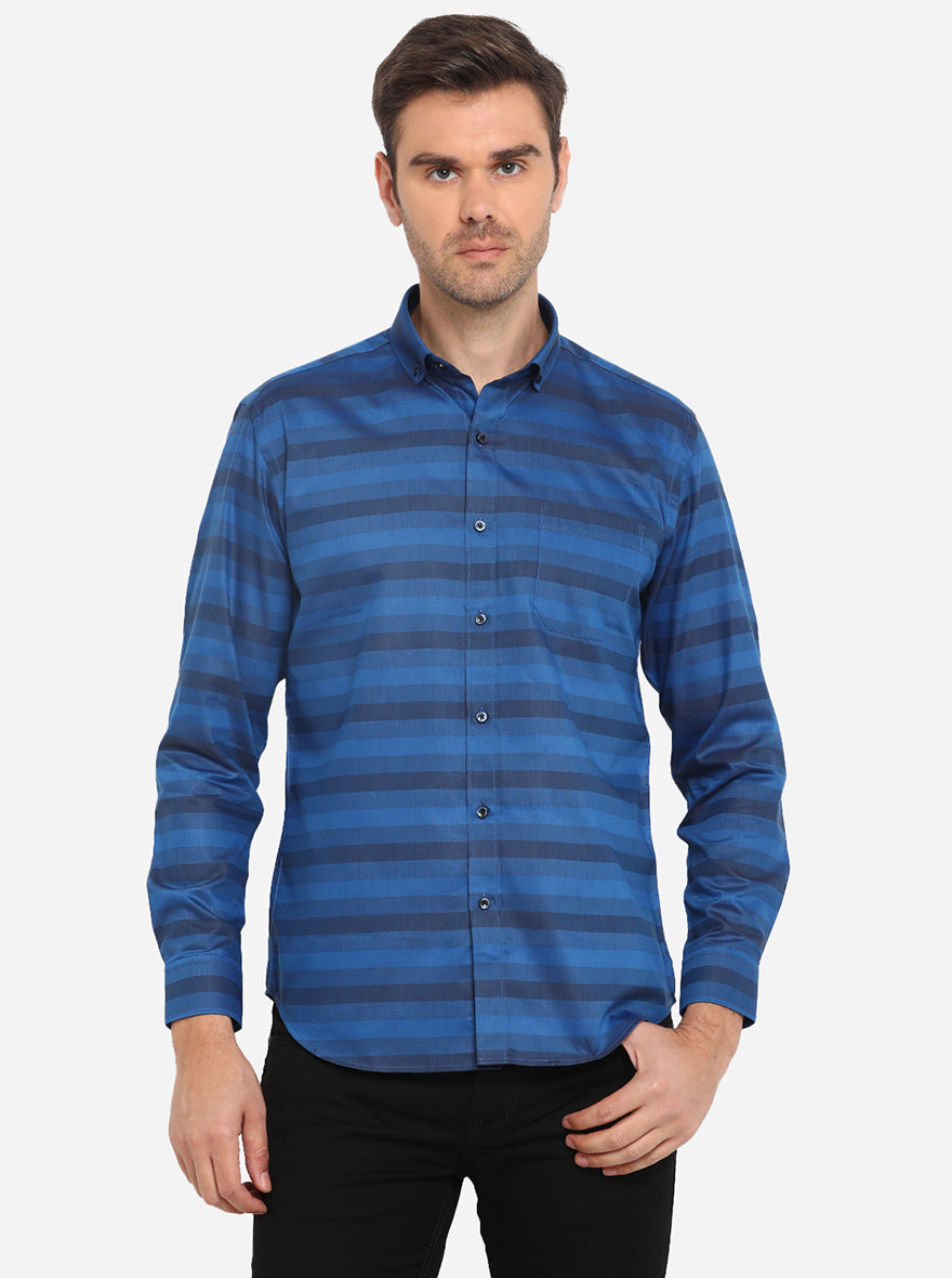 Royal Blue Striped Slim Fit Formal Shirt | Greenfibre