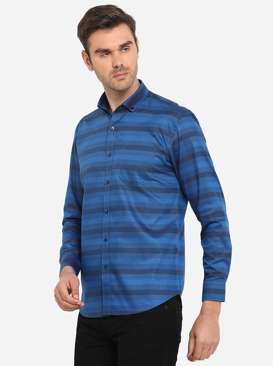 Royal Blue Striped Slim Fit Formal Shirt | Greenfibre