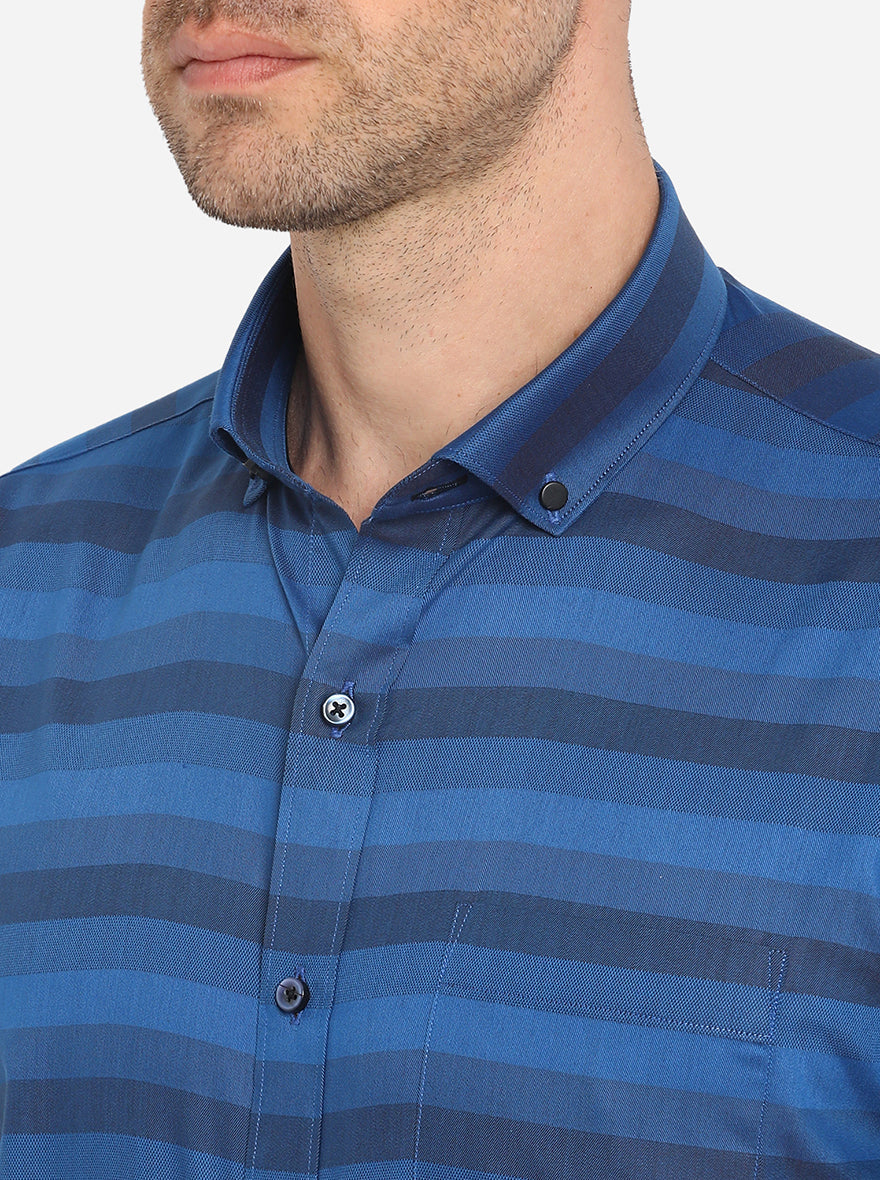 Royal Blue Striped Slim Fit Formal Shirt | Greenfibre