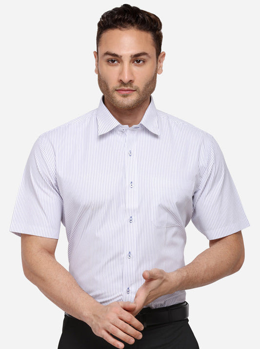 White & Navy Blue Striped Regular Fit Formal Shirt | Greenfibre