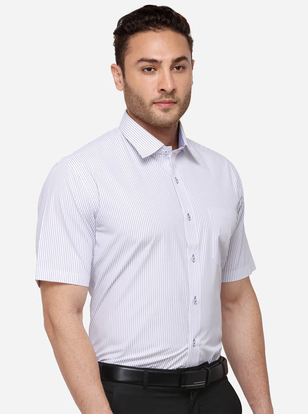 White & Navy Blue Striped Regular Fit Formal Shirt | Greenfibre