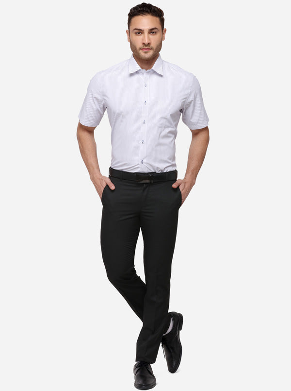 White & Navy Blue Striped Regular Fit Formal Shirt | Greenfibre