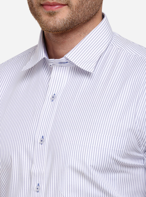 White & Navy Blue Striped Regular Fit Formal Shirt | Greenfibre