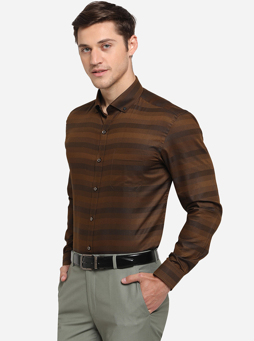 Coffee Brown Striped Slim Fit Formal Shirt | Greenfibre