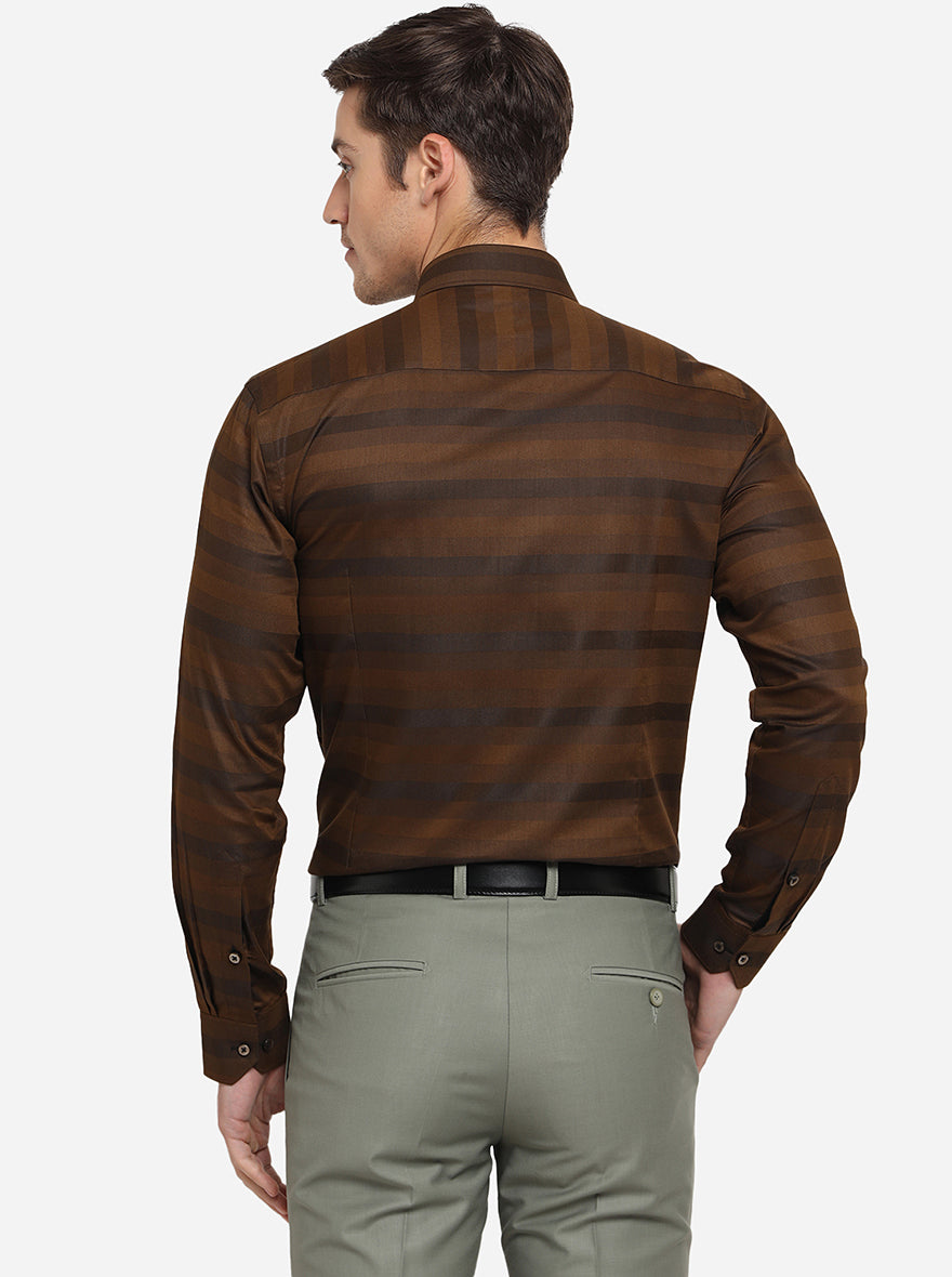 Coffee Brown Striped Slim Fit Formal Shirt | Greenfibre