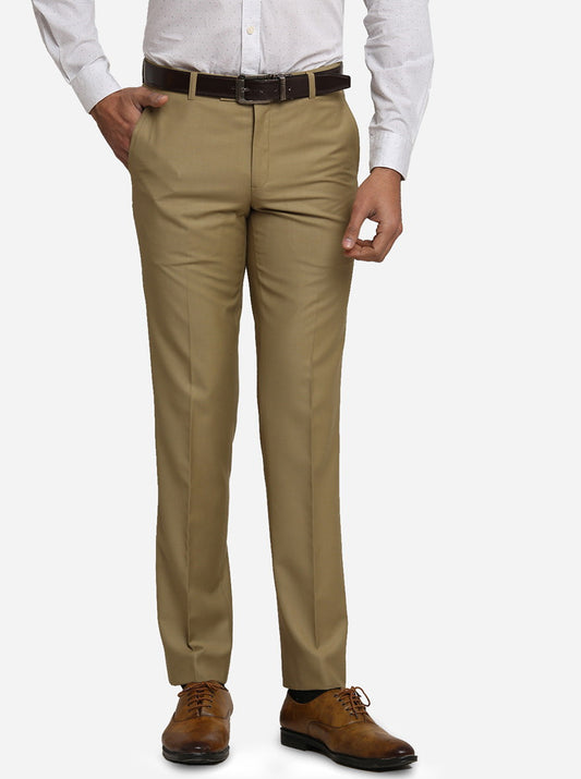 Khaki Self Design Slim Fit Formal Trouser | Metal