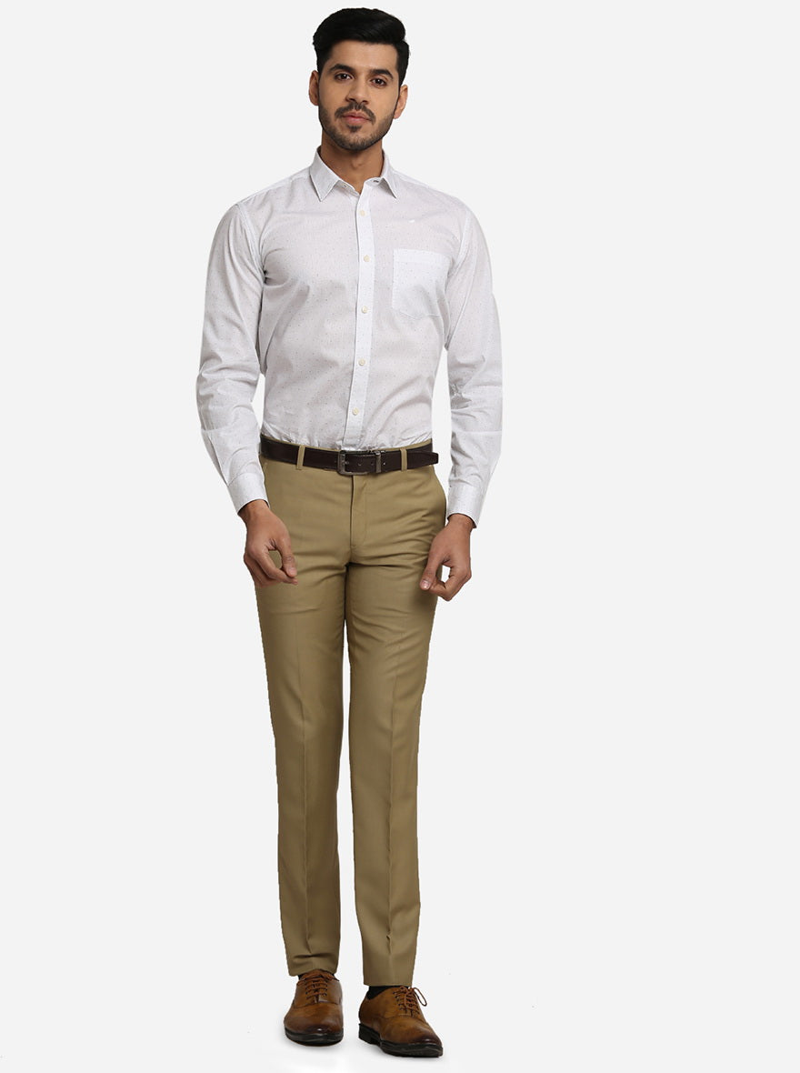 Khaki Self Design Slim Fit Formal Trouser | Metal