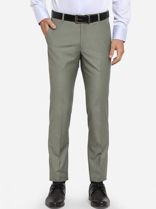 Olive Green Self Design Slim Fit Formal Trouser | Metal