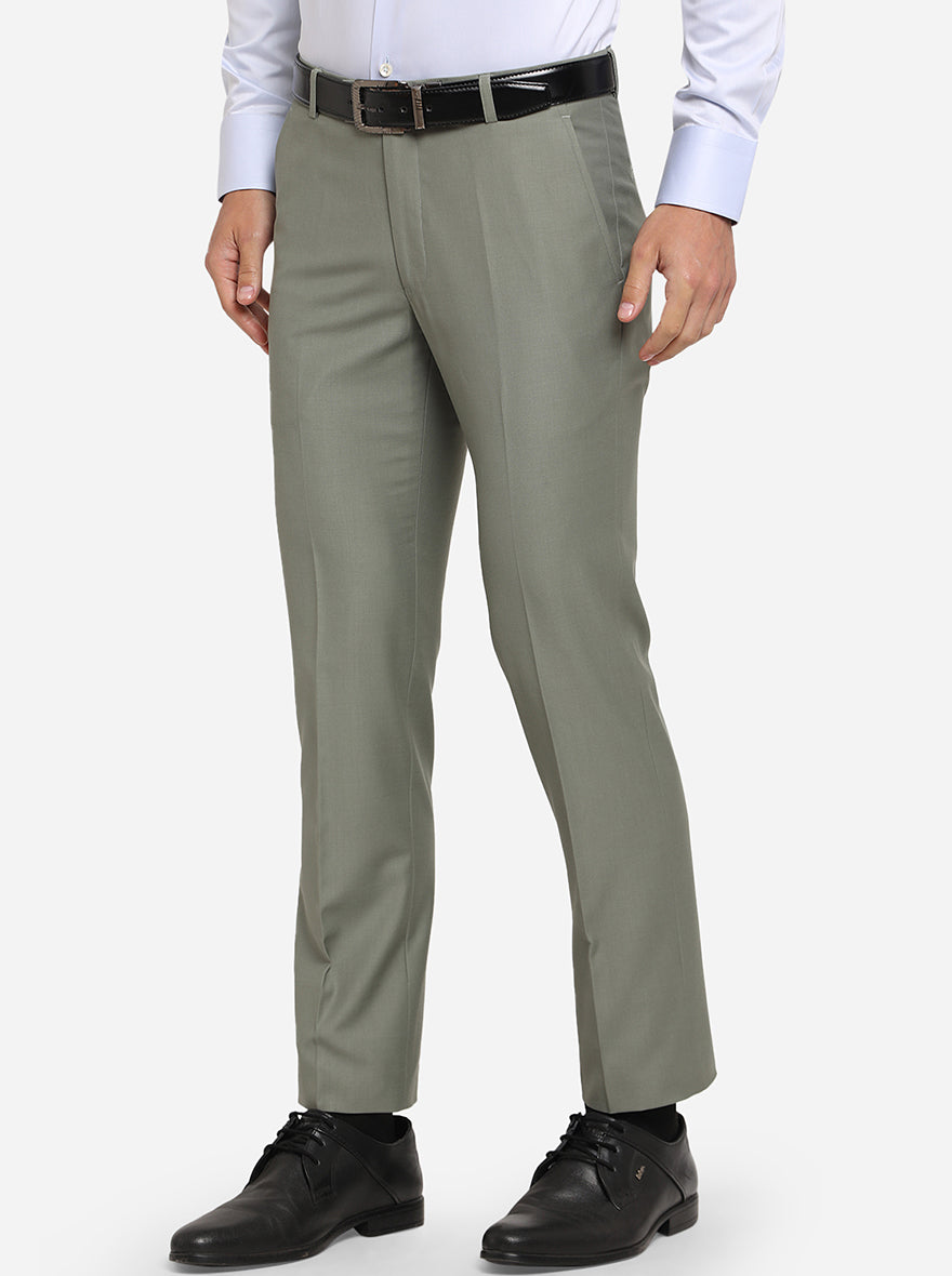 Olive Green Self Design Slim Fit Formal Trouser | Metal