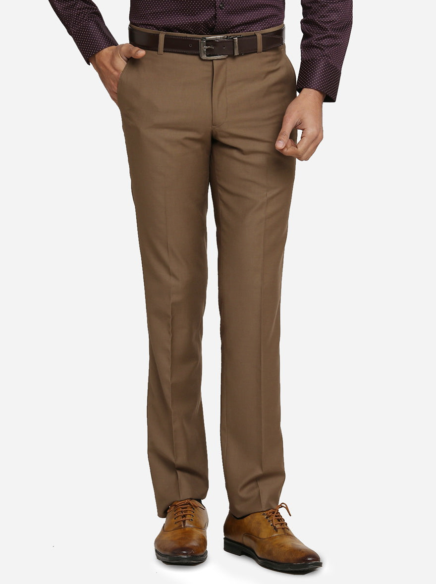 Brown Self Design Slim Fit Formal Trouser | Metal