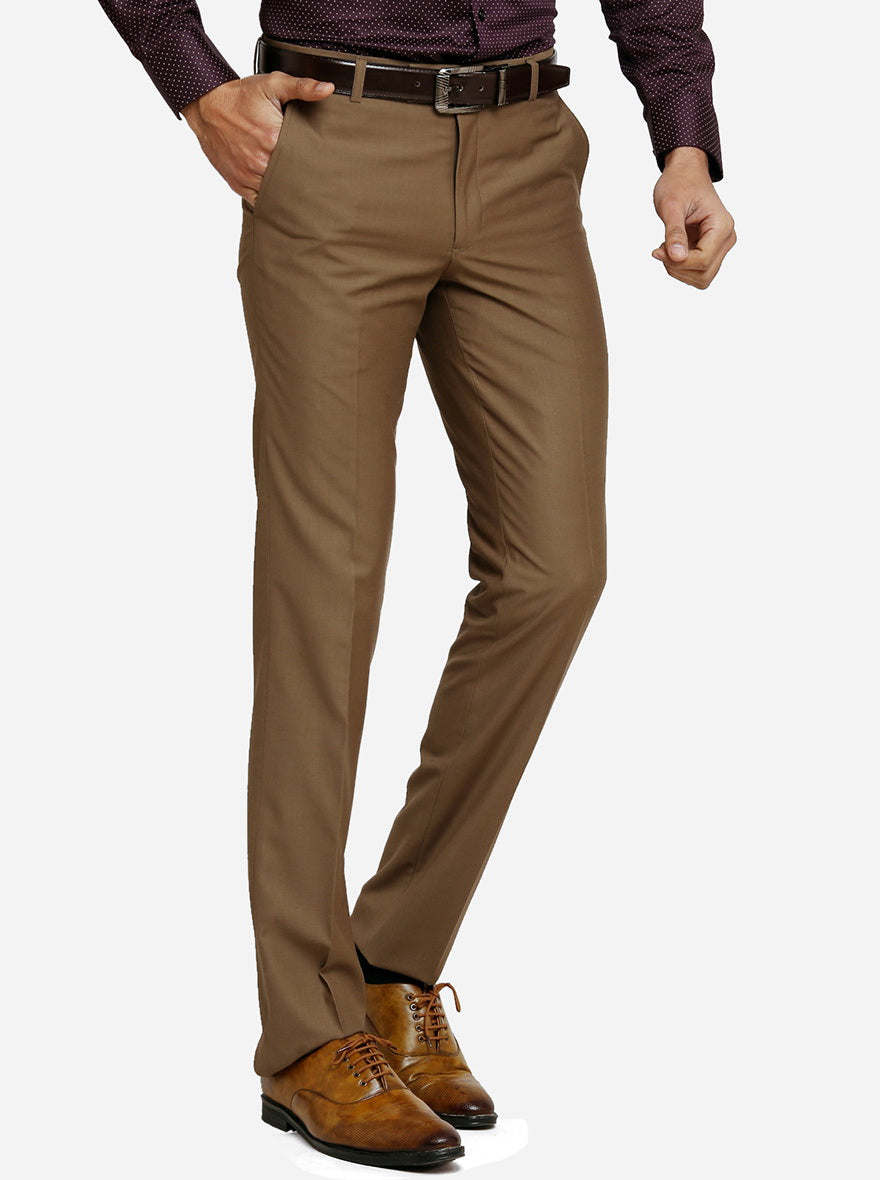 Brown Self Design Slim Fit Formal Trouser | Metal