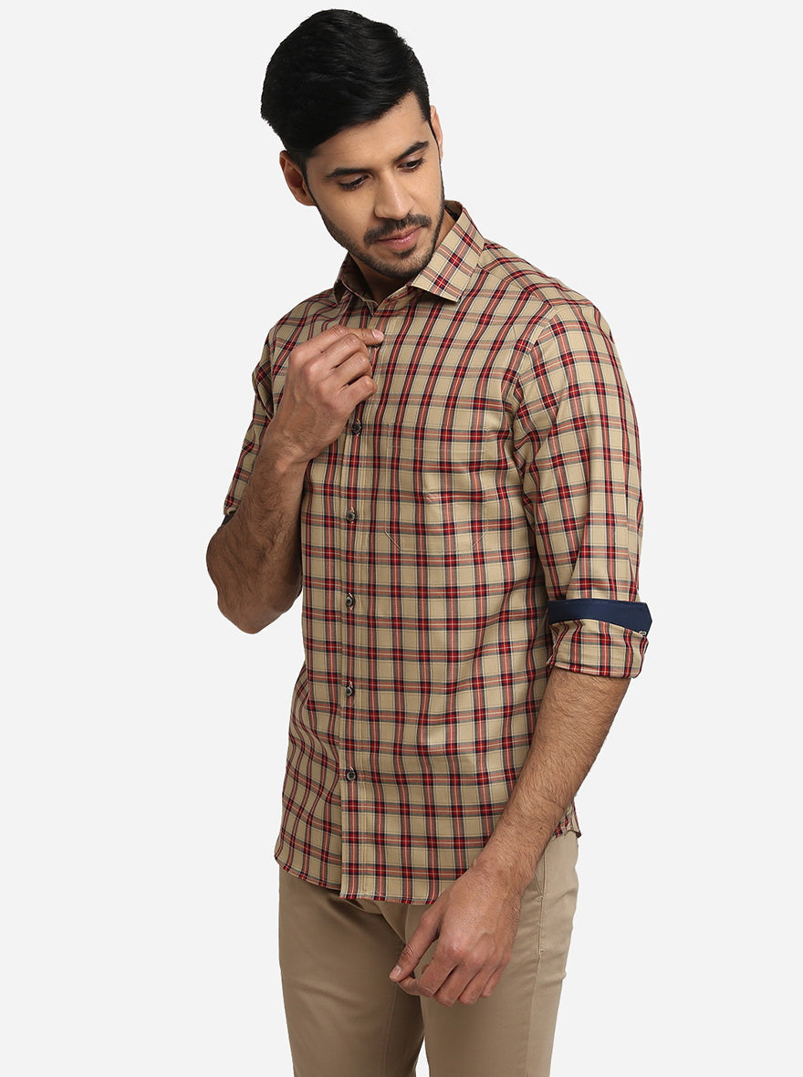 Beige & Red Checked Slim Fit Formal Shirt | Greenfibre