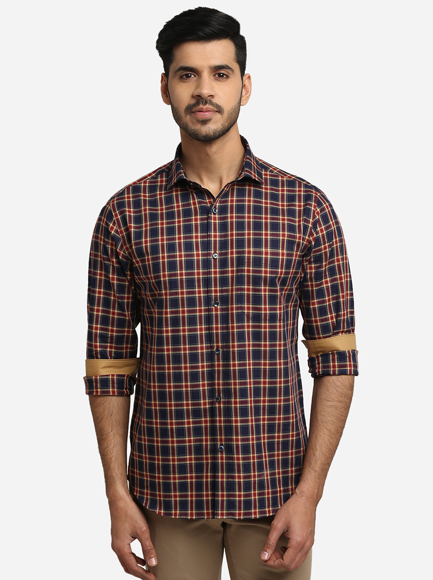 Navy Blue & Red Checked Slim Fit Formal Shirt | Greenfibre