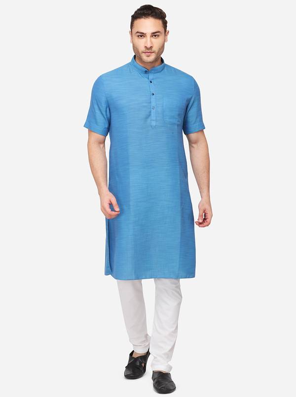 Teal Blue Self Textured Regular Fit Modi Kurta | JadeBlue