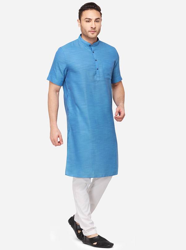 Teal Blue Self Textured Regular Fit Modi Kurta | JadeBlue