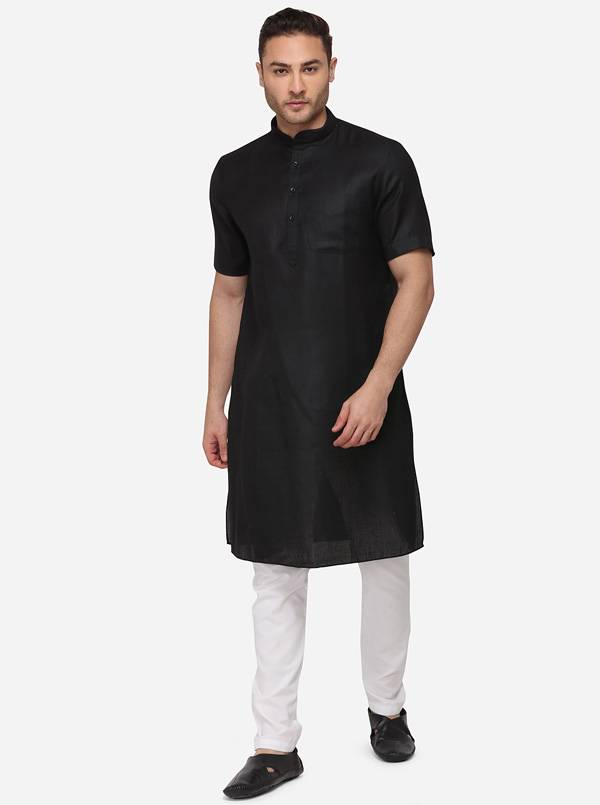 Black Self Textured Regular Fit Modi Kurta | JadeBlue