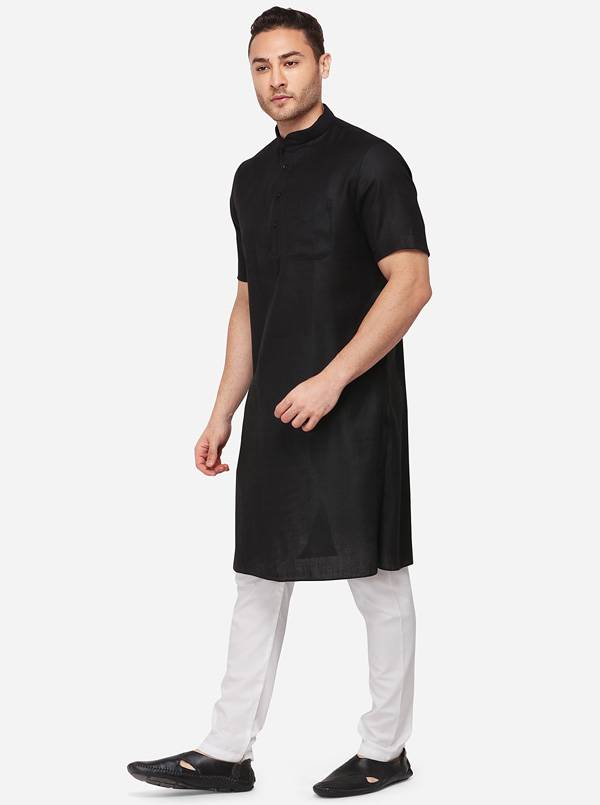 Black Self Textured Regular Fit Modi Kurta | JadeBlue