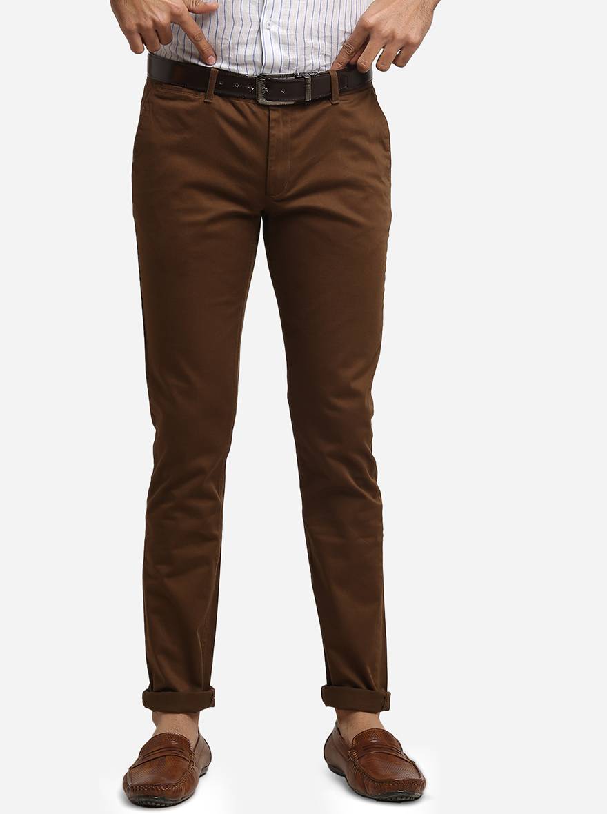 Brown Solid Super Slim Fit Casual Trouser | Greenfibre