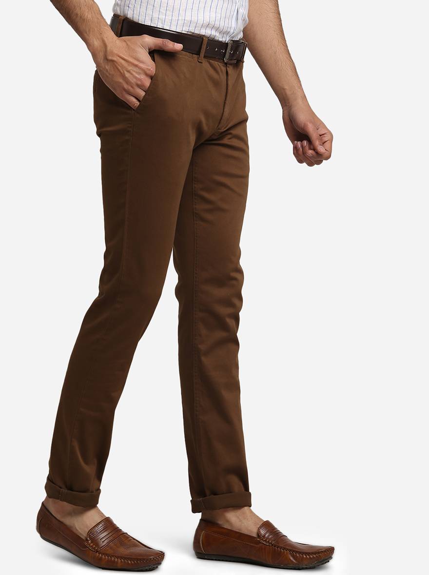 Brown Solid Super Slim Fit Casual Trouser | Greenfibre