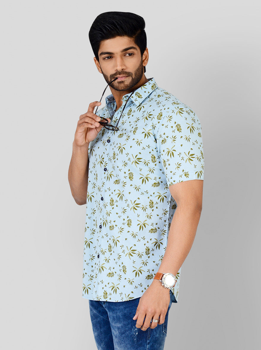 Aqua Blue Printed Slim Fit Casual Shirt | JB Sport