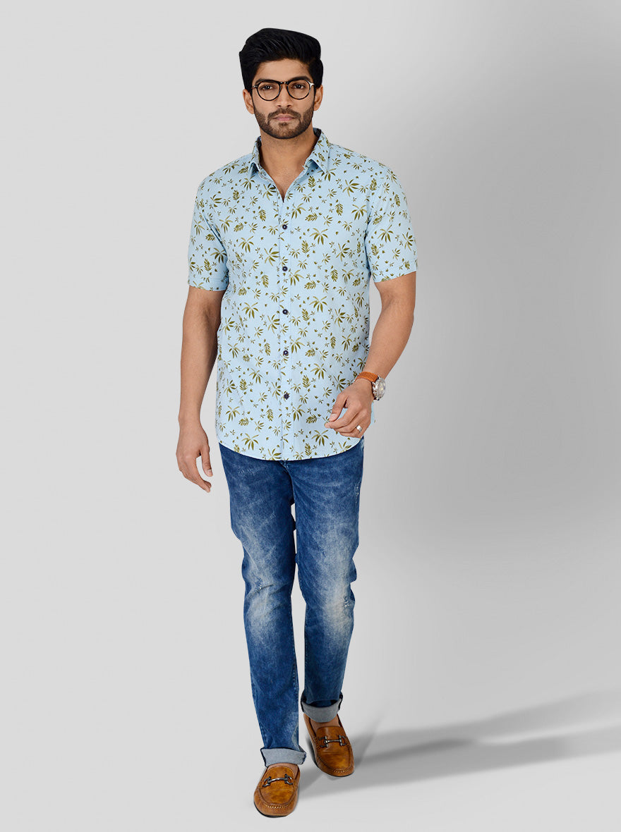 Aqua Blue Printed Slim Fit Casual Shirt | JB Sport