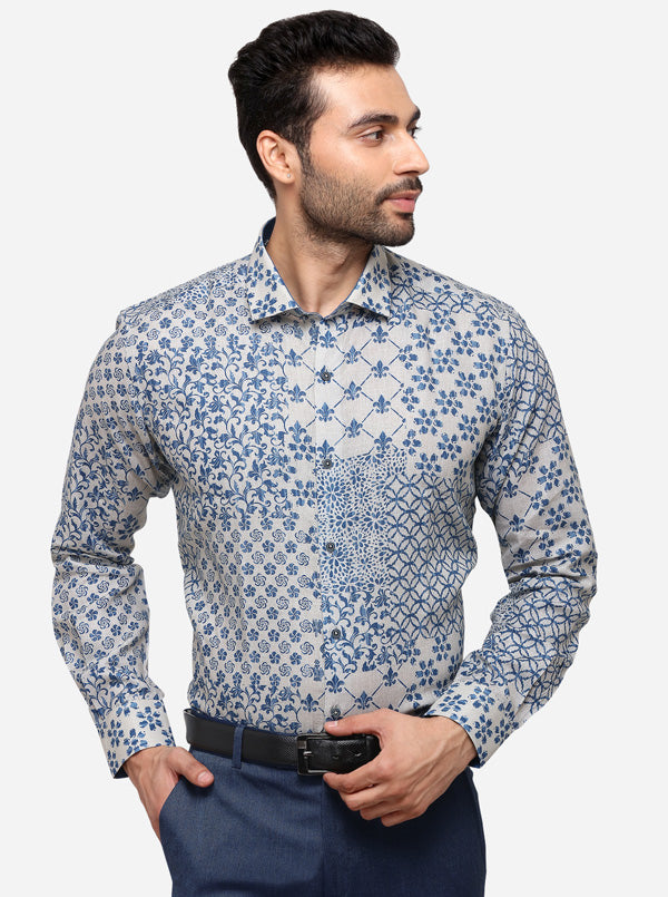 Blue & Beige Printed Slim Fit Party Wear Shirt | JB Studio