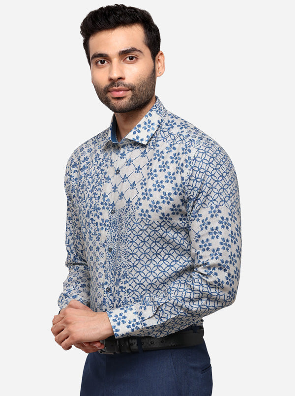 Blue & Beige Printed Slim Fit Party Wear Shirt | JB Studio