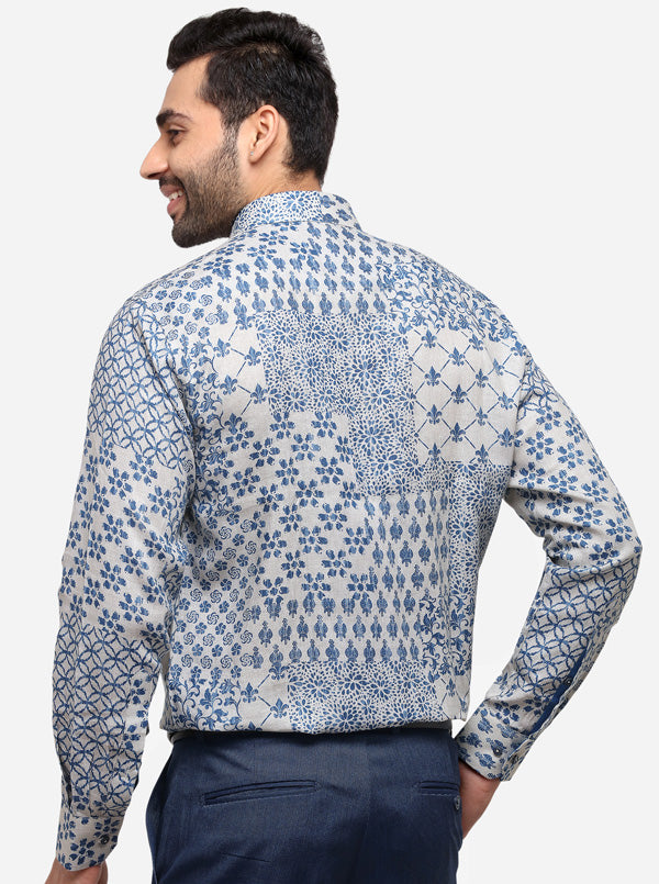 Blue & Beige Printed Slim Fit Party Wear Shirt | JB Studio