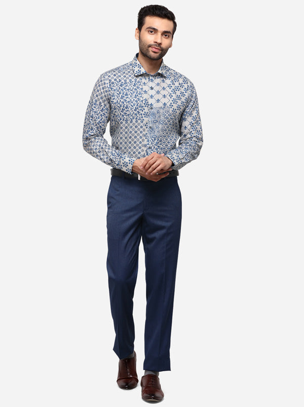 Blue & Beige Printed Slim Fit Party Wear Shirt | JB Studio