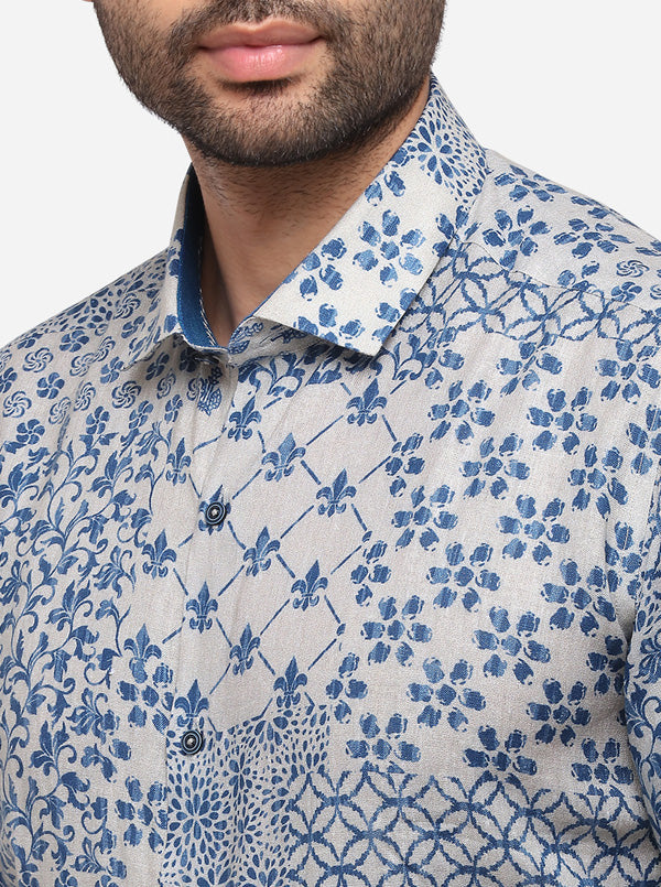 Blue & Beige Printed Slim Fit Party Wear Shirt | JB Studio