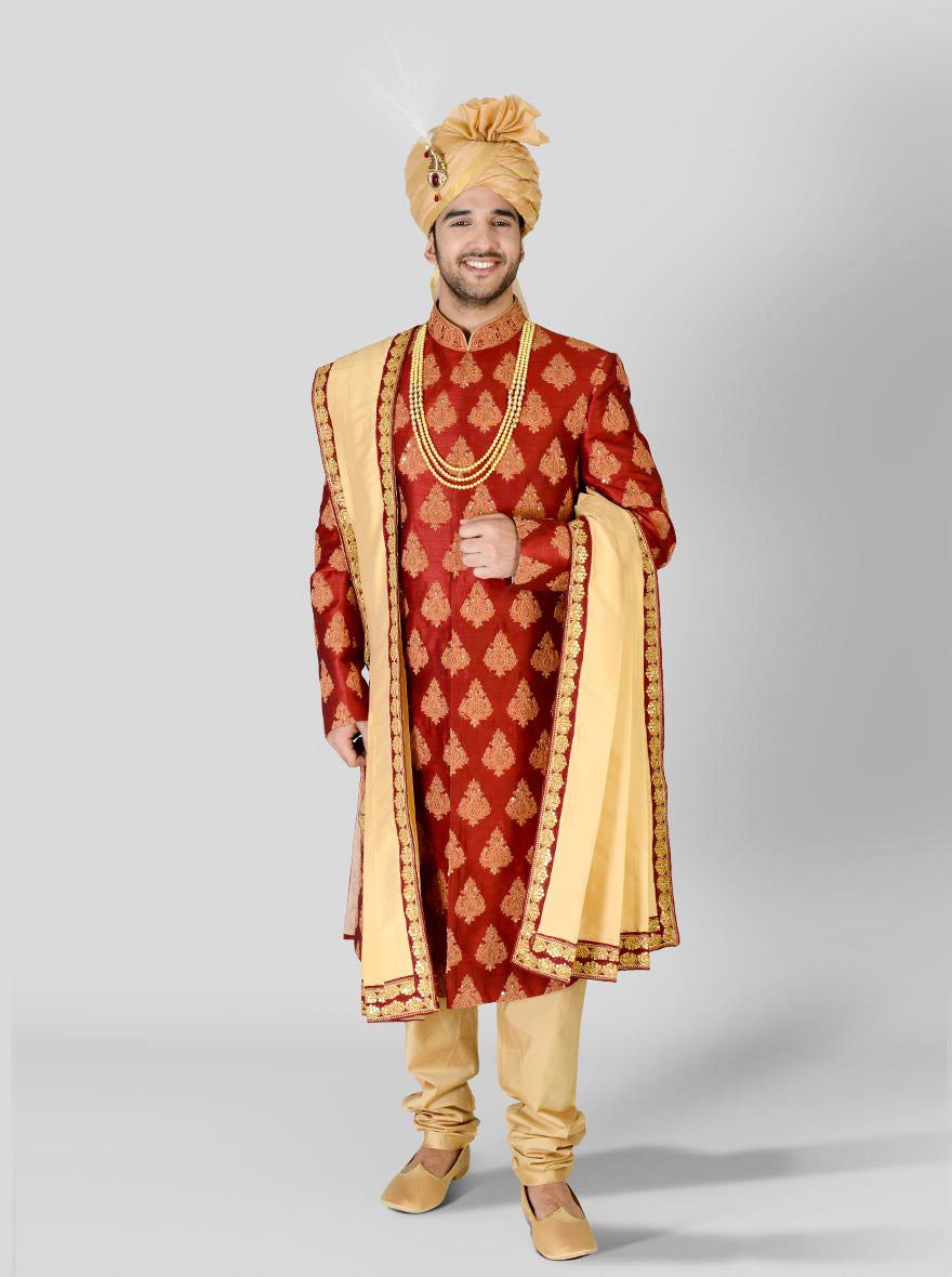 Maroon & Golden Sherwani | Azania