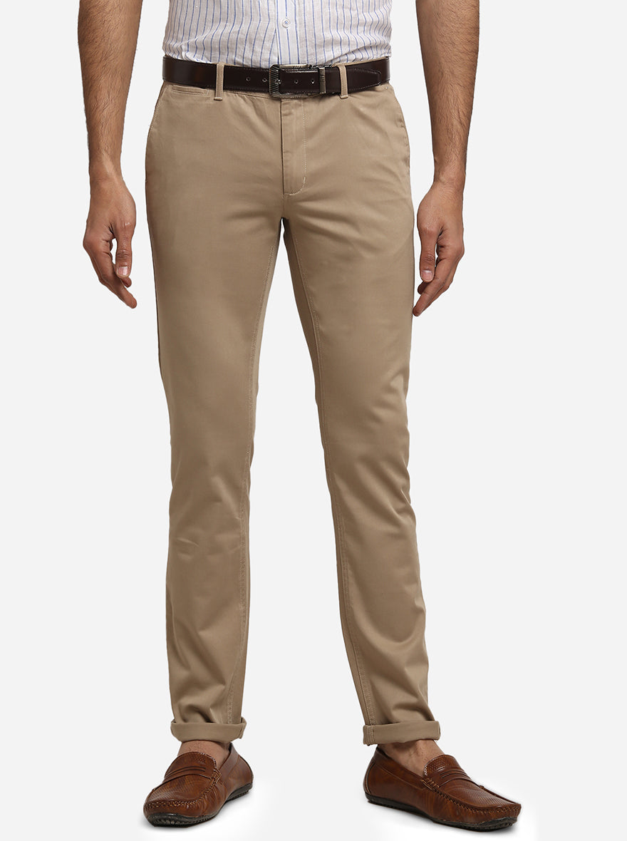 Khaki Solid Super Slim Fit Casual Trouser | Greenfibre