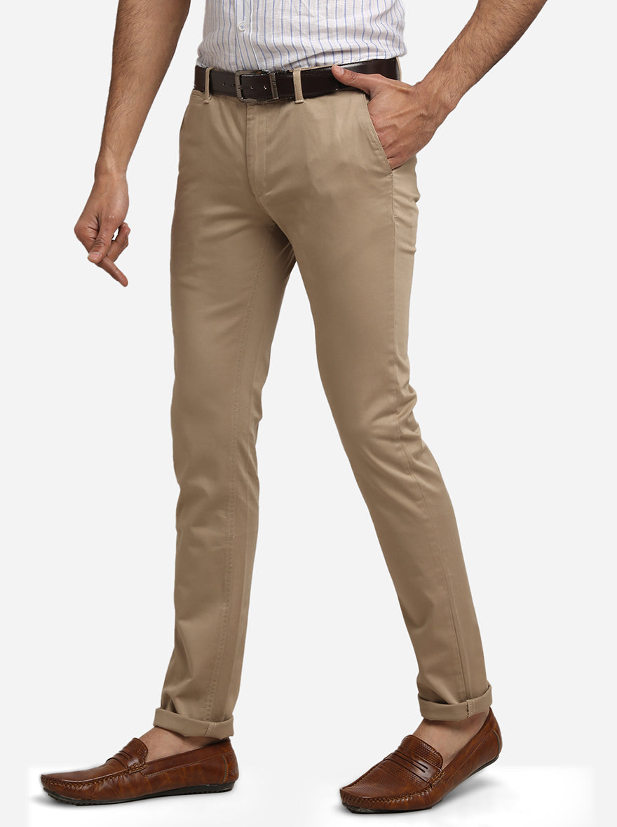 Khaki Solid Super Slim Fit Casual Trouser | Greenfibre