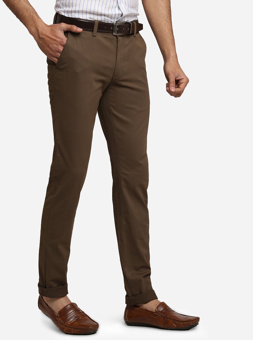 Brown Solid Slim Fit Casual Trouser | Greenfibre